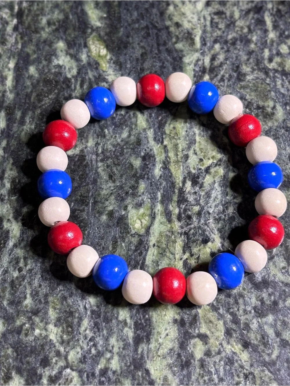 Wood Beaded Stretch Bracelet - Red, Blue & Cream